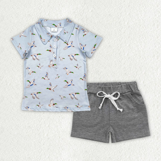 BSSO1523  Duck Polo Top Grey Pockets Shorts Boys Summer Clothes Set