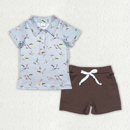 BSSO1524  Duck Polo Top Brown Pockets Shorts Boys Summer Clothes Set