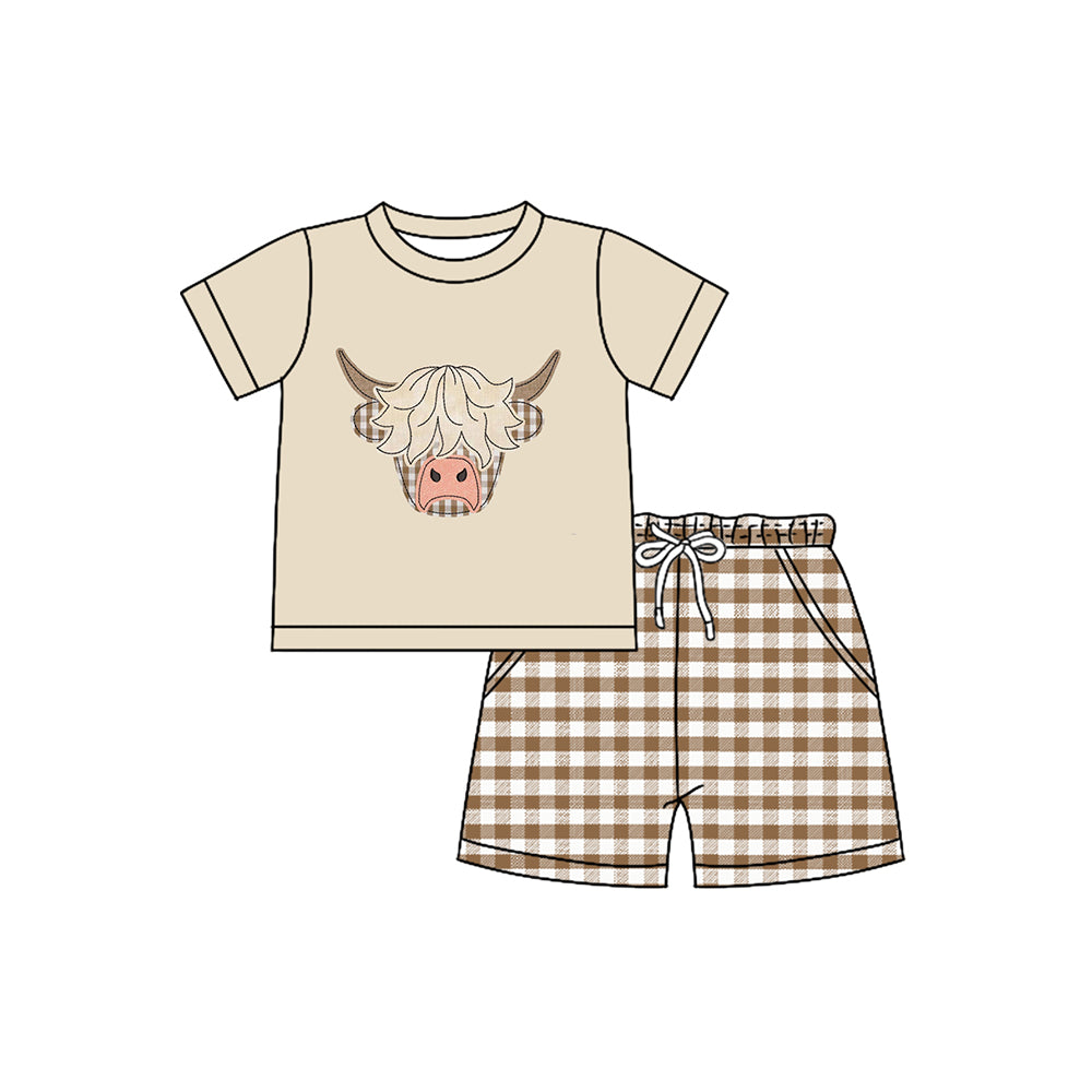 (Pre-order)BSSO1536 Highland Cow Top Plaid Shorts Boys Summer Clothes Set