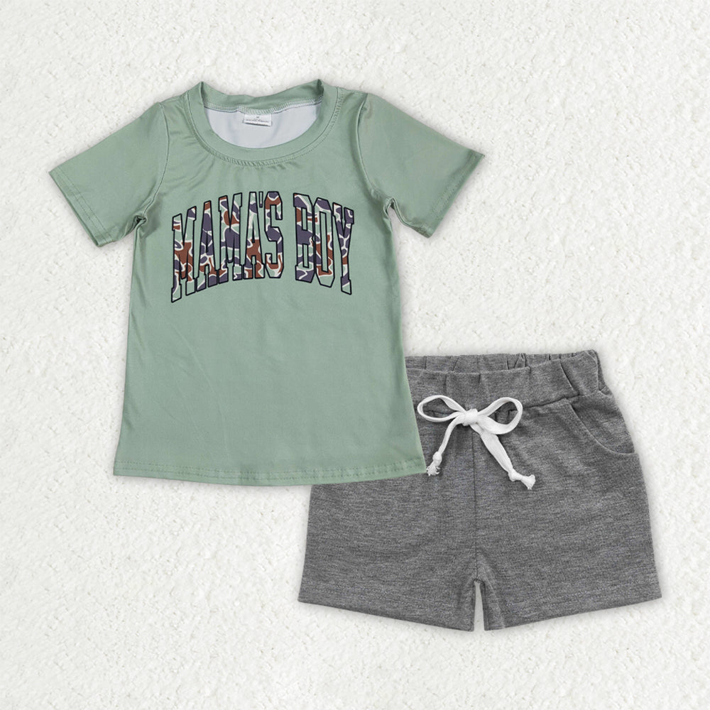 BSSO1542 MAMA'S BOY Green Top Grey Shorts Boys Summer Clothes Set