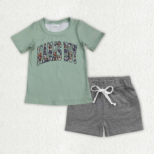 BSSO1542  MAMA'S BOY Green Top Grey Shorts Boys Summer Clothes Set