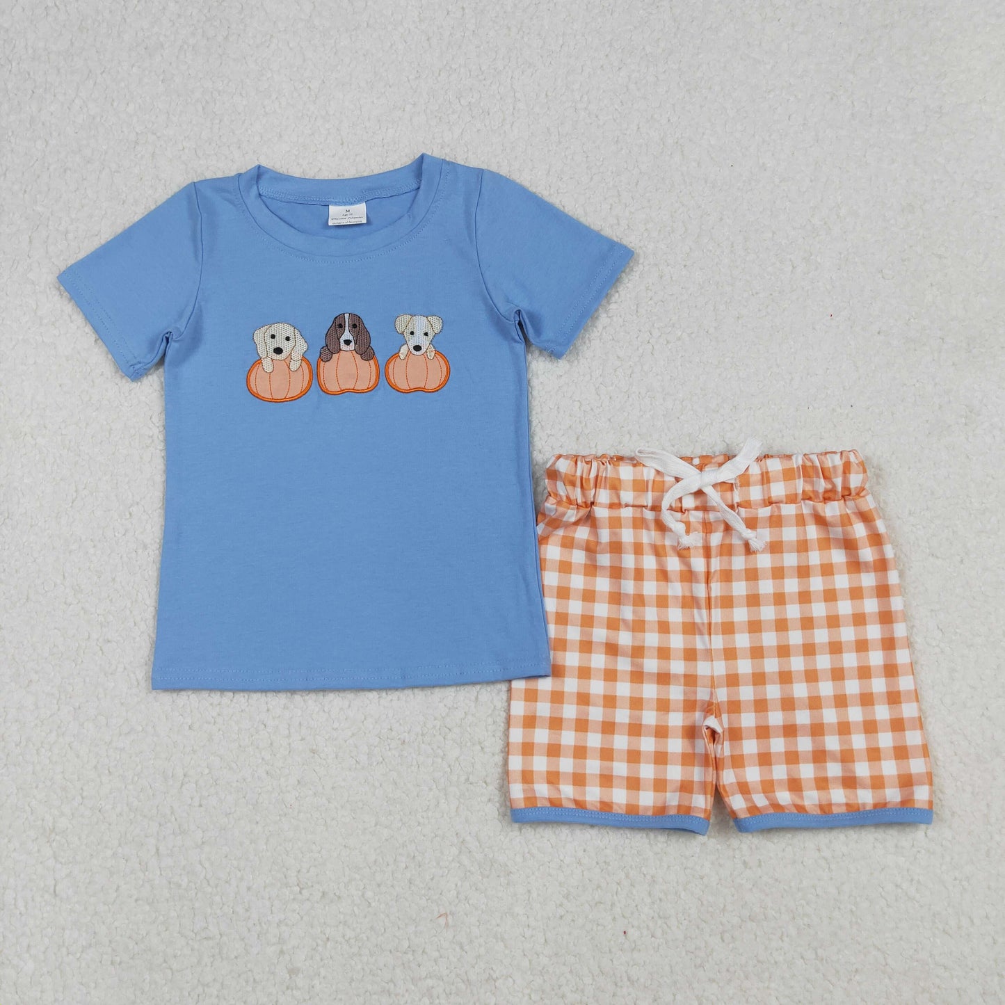 BSSO1547 Dog Pumpkin Embroidery Blue Top Plaid Shorts Boys Fall Clothes Set