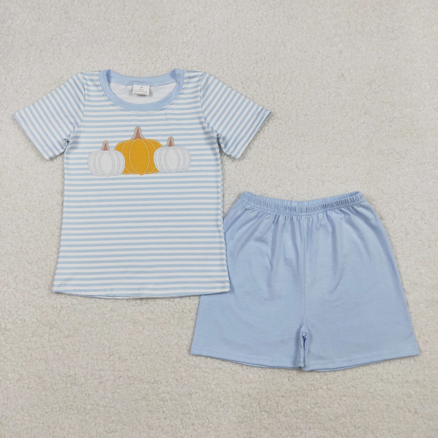 BSSO1548 Pumpkin Stripes Top Blue Shorts Boys Fall Clothes Set