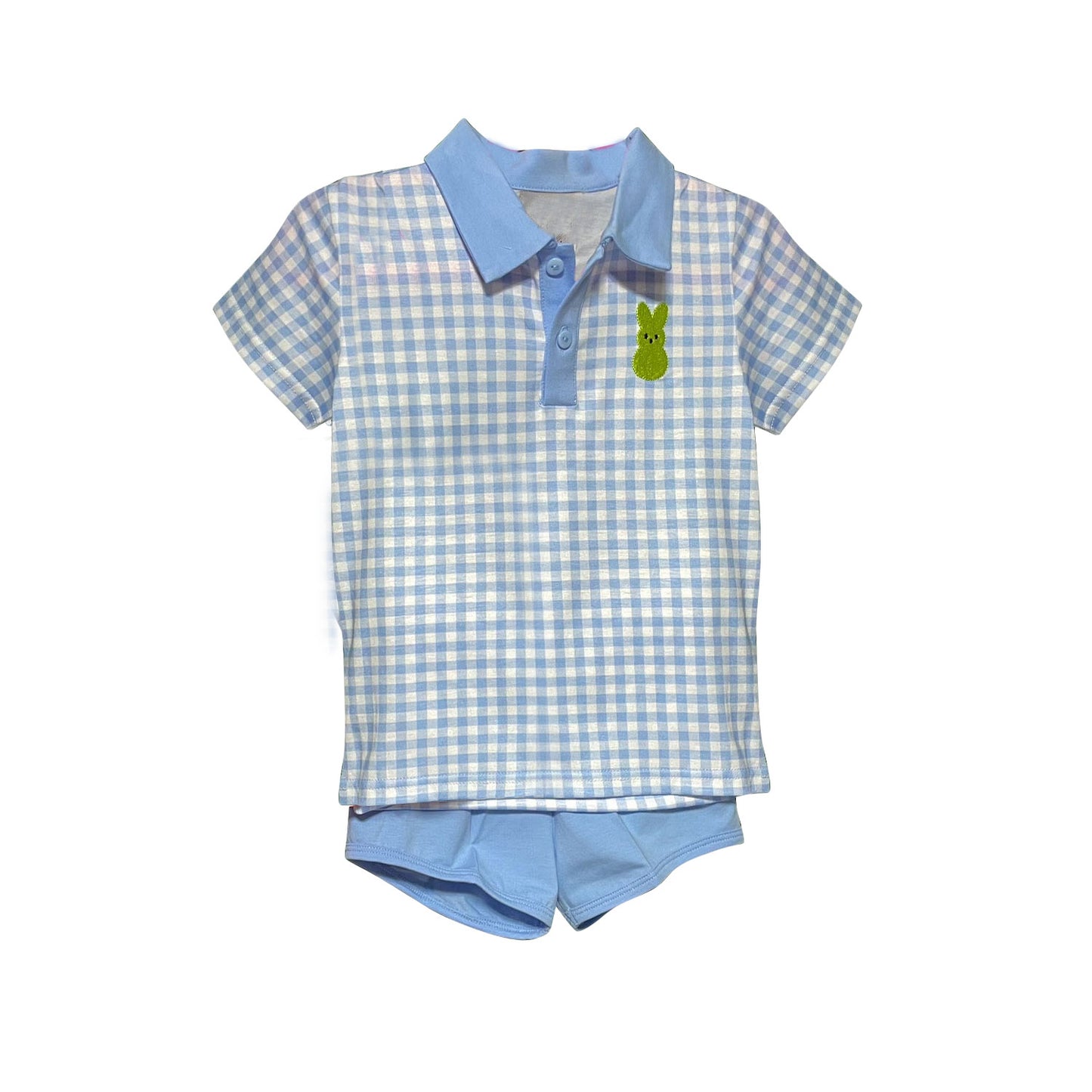 (Pre-order)BSSO1551 Bunny Blue Plaid Polo Top Shorts Boys Easter Clothes Set