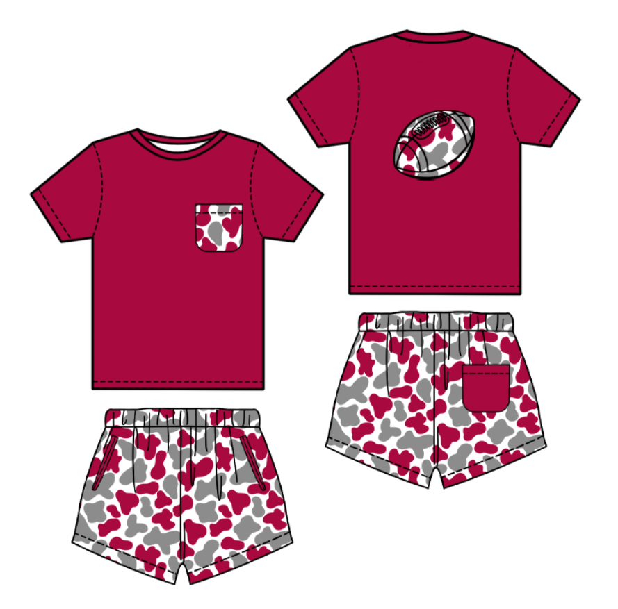 (Pre-order)BSSO1553 Football Wine Top Camo Shorts Boys Summer Clothes Set