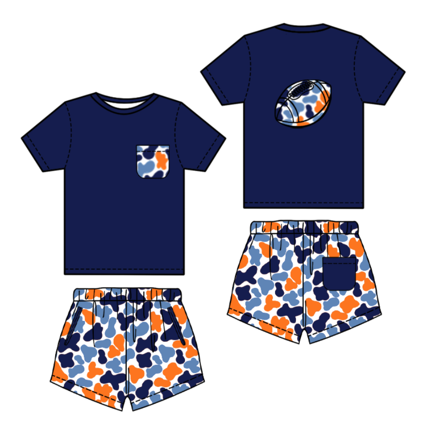 (Pre-order)BSSO1556 Football Navy Top Camo Shorts Boys Summer Clothes Set
