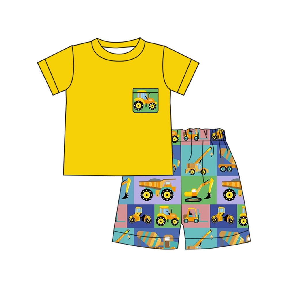 (Pre-order)BSSO1557 Yellow Pocket Top Construction Trucks Shorts Boys Summer Clothes Set