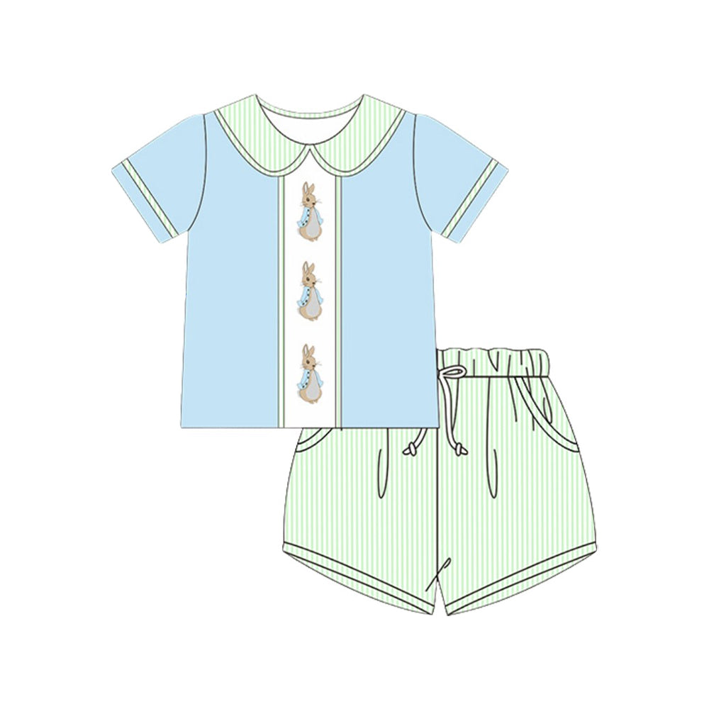 (Pre-order)BSSO1564 Bunny Blue Top Green Stripes Shorts Boys Easter Clothes Set