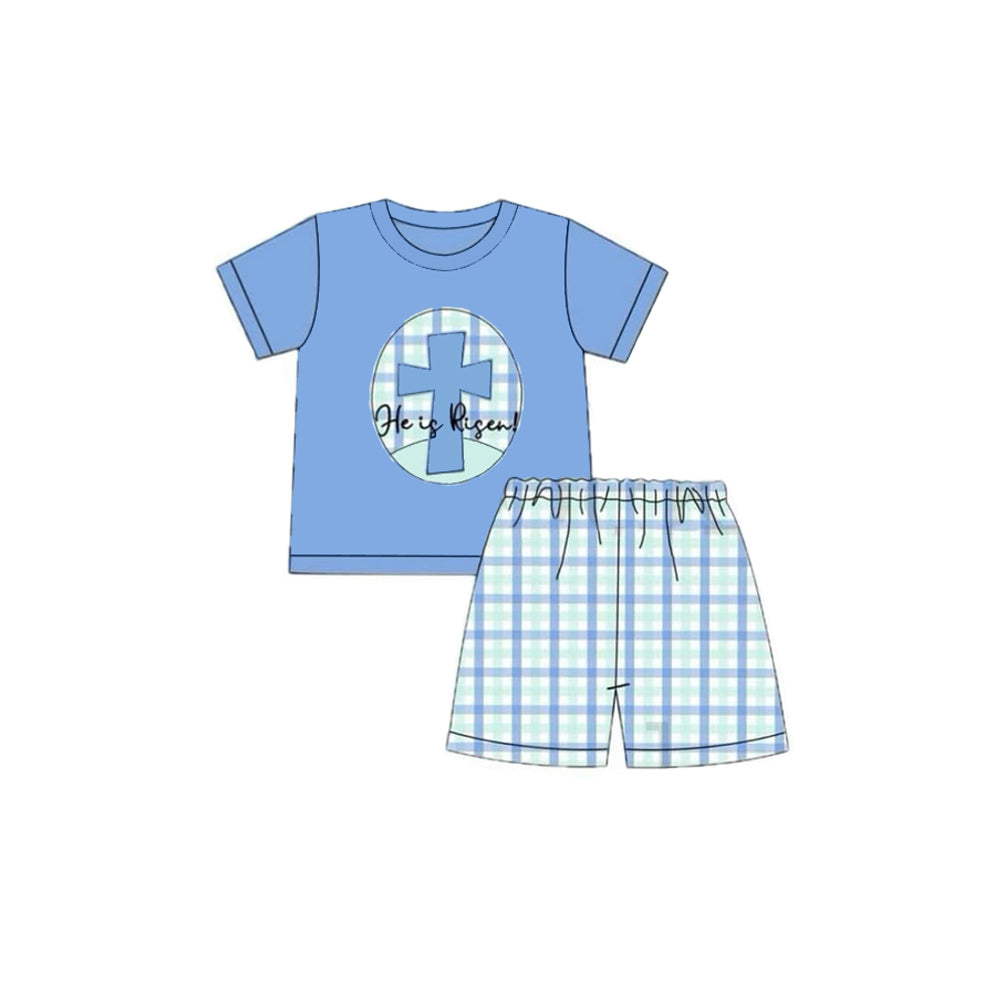 (Pre-order)BSSO1566 Cross Blue Top Plaid Shorts Boys Easter Clothes Set