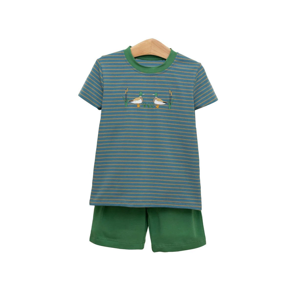 (Pre-order)BSSO1568 Duck Stripes Top Green Shorts Boys Summer Clothes Set