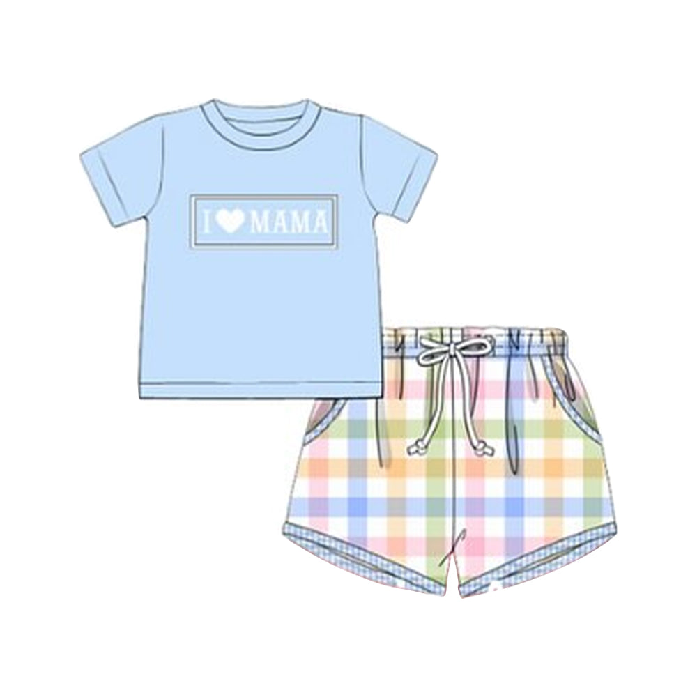 (Pre-order)BSSO1605 I LOVE MAMA Blue Top Colorful Plaid Shorts Boys Summer Clothes Set