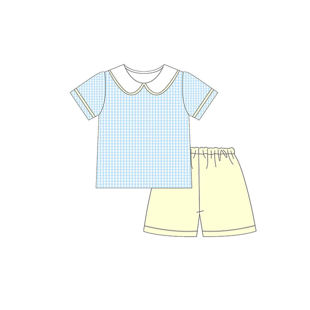 (Pre-order)BSSO1607 Blue Plaid Top Yellow Shorts Boys Summer Clothes Set