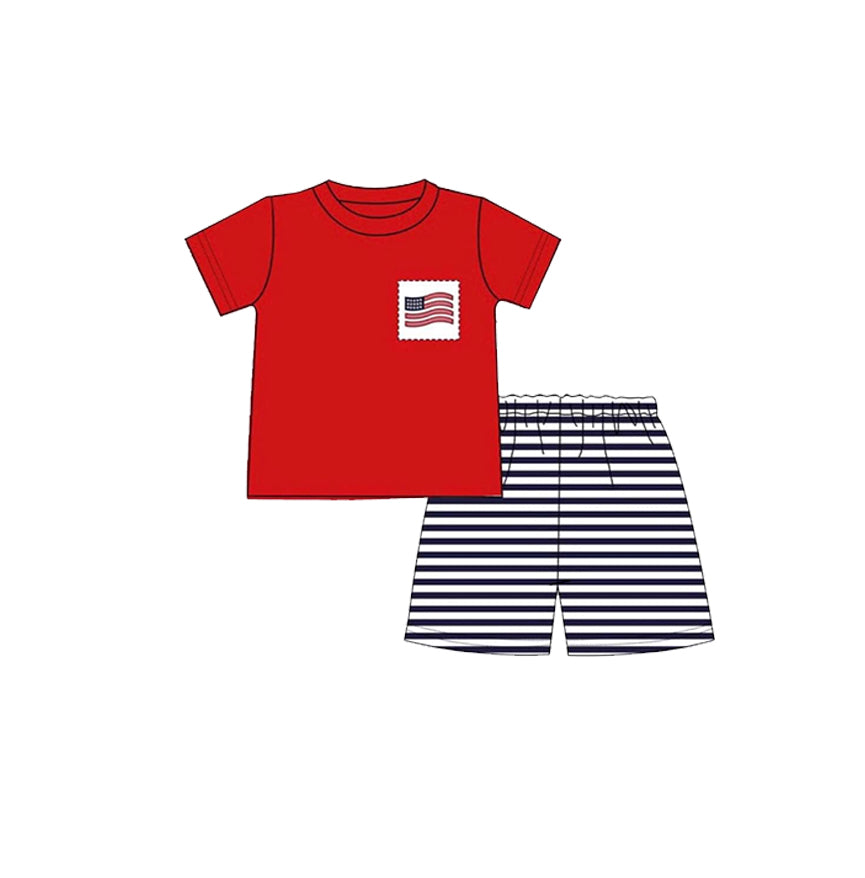 (Pre-order)BSSO1608 Flag Pocket Red Top Navy Stripes Shorts Boys 4th of July Clothes Set