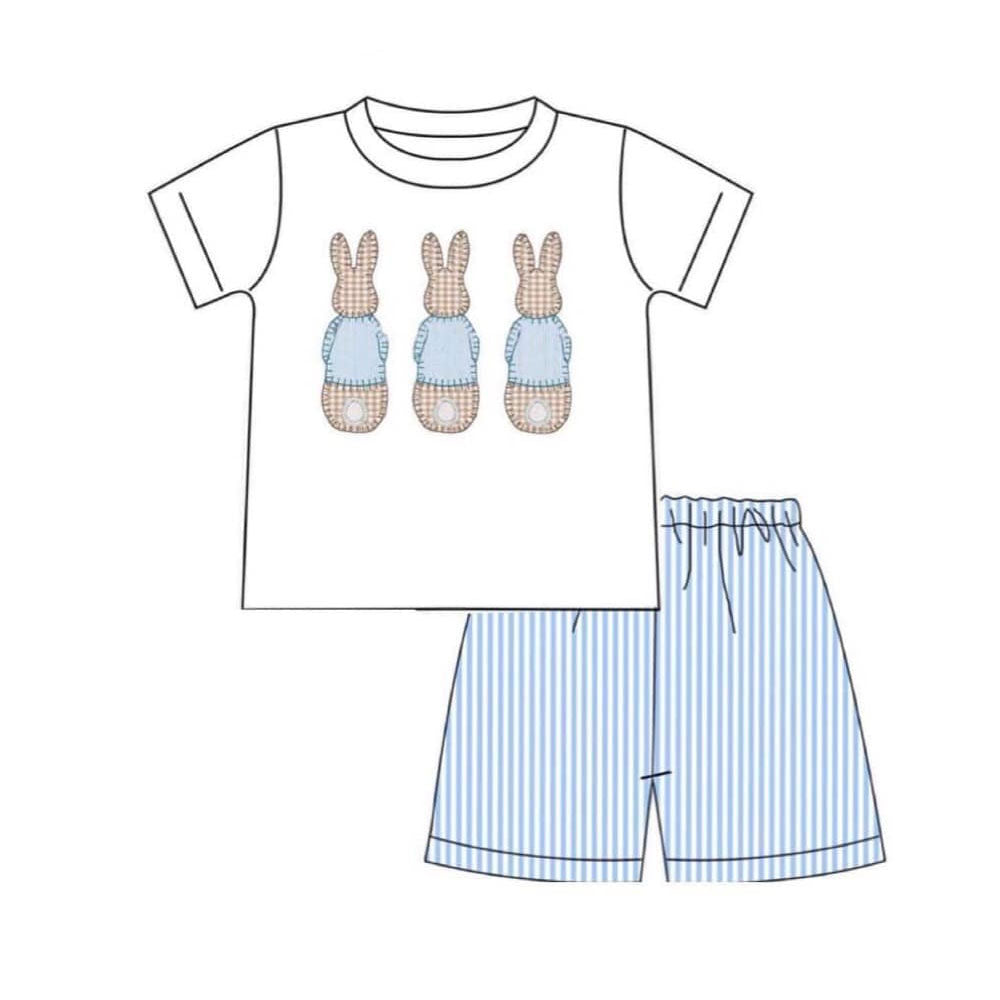 (Pre-order)BSSO1611 Bunny White Top Stripes Shorts Boys Easter Clothes Set
