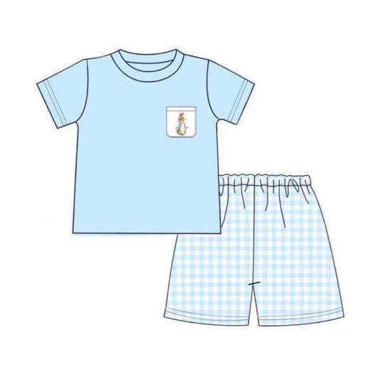 (Pre-order)BSSO1612 Bunny Pocket Blue Top Plaid Shorts Boys Easter Clothes Set