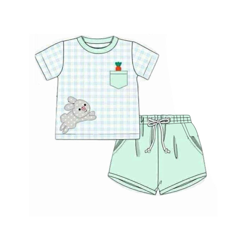 (Pre-order)BSSO1614  Bunny Carrot Plaid Top Pockets Shorts Boys Easter Clothes Set