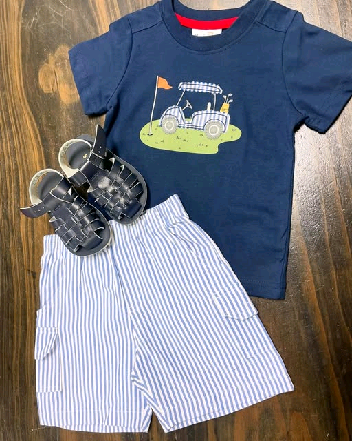 (Pre-order)BSSO1615 Golf Navy Top Stripes Pockets Shorts Boys Summer Clothes Set