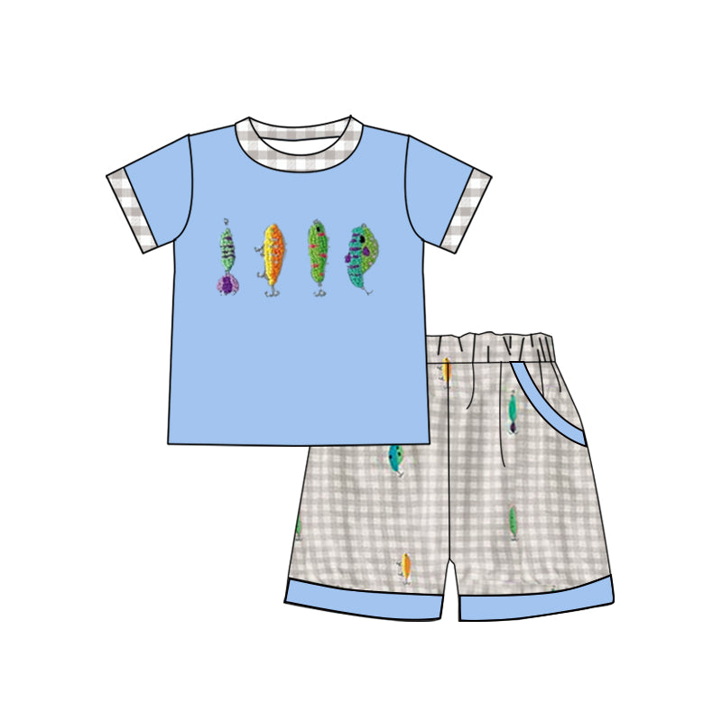 (Pre-order)BSSO1617 Fishhook Blue Top Plaid Shorts Boys Summer Clothes Set