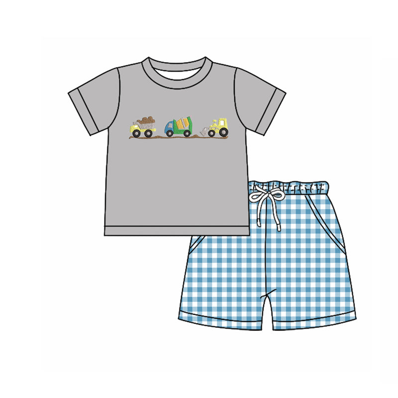 (Pre-order)BSSO1619 Construction Trucks Grey Top Plaid Shorts Boys Summer Clothes Set