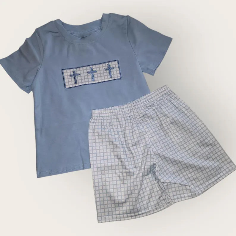 (Pre-order)BSSO1624 Cross Blue Top Plaid Shorts Boys Easter Clothes Set