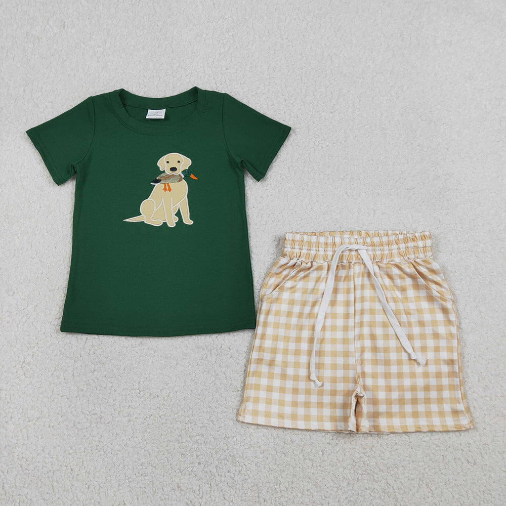 BSSO1636 Dog Duck Embroidery Green Top Plaid Shorts Boys Summer Clothes Set