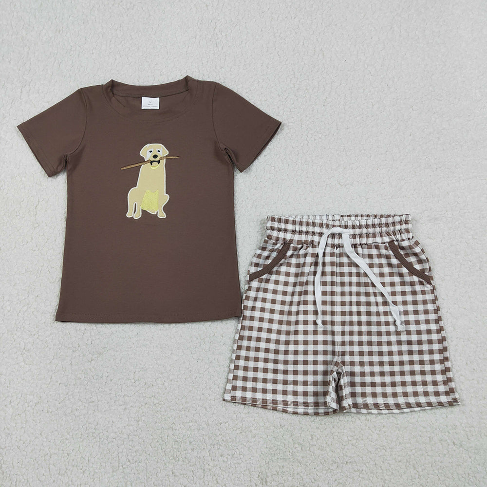 BSSO1637 Dog Embroidery Brown Top Plaid Shorts Boys Summer Clothes Set