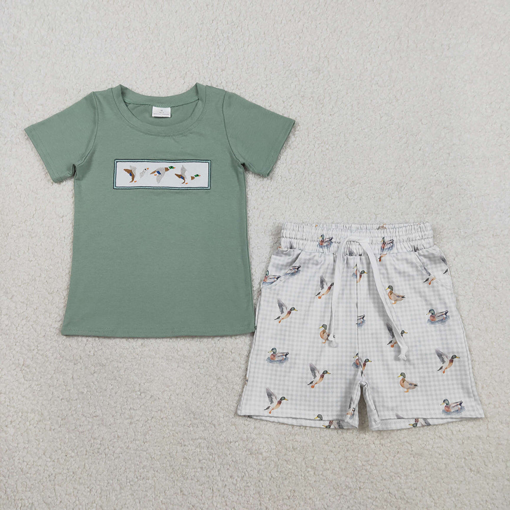 BSSO1639 Duck Embroidery Green Top Plaid Pockets Shorts Boys Summer Clothes Set