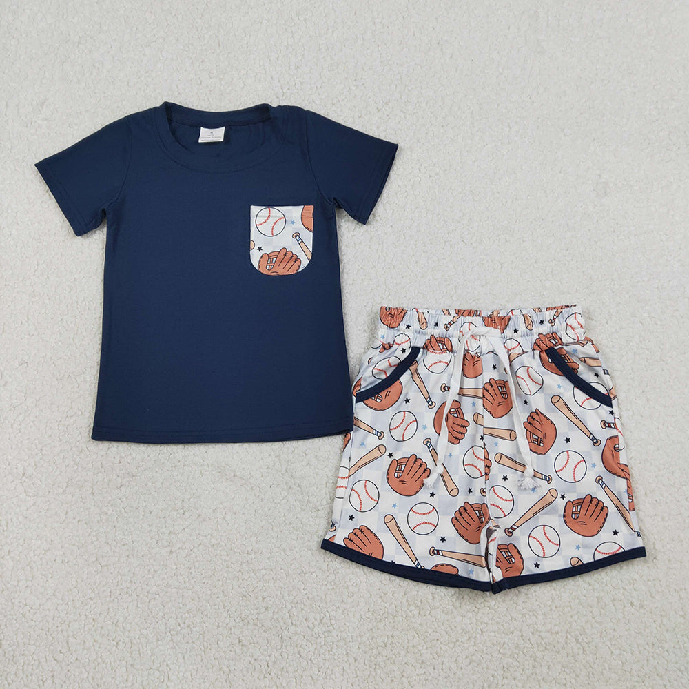 BSSO1669 Navy Pocket Top Baseball Shorts Boys Summer Clothes Set