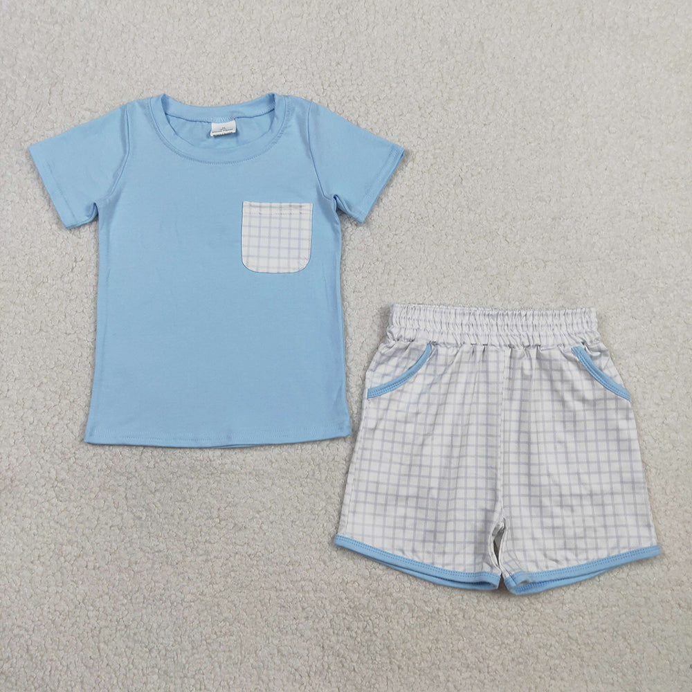 BSSO1762 Blue Pocket Top Plaid Shorts Boys Summer Clothes Set