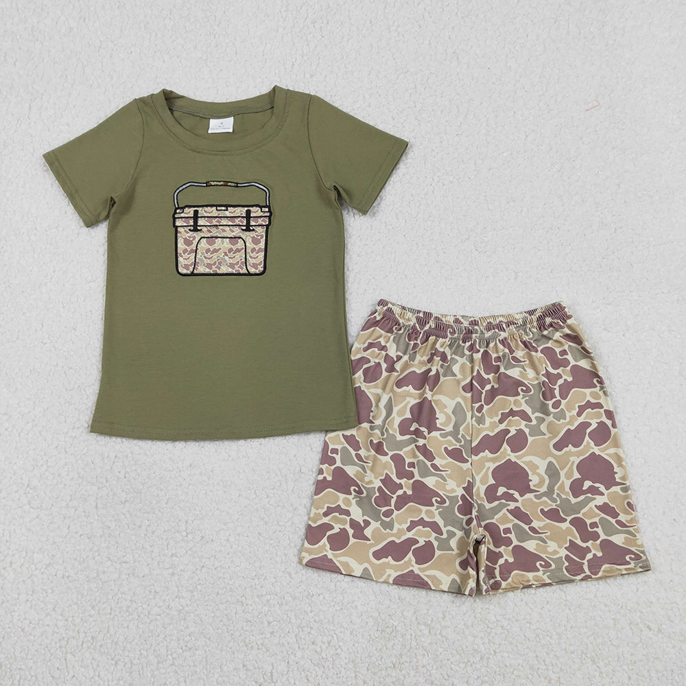 BSSO1767 Fishing Box Embroidery Green Top Camo Shorts Boys Summer Clothes Set