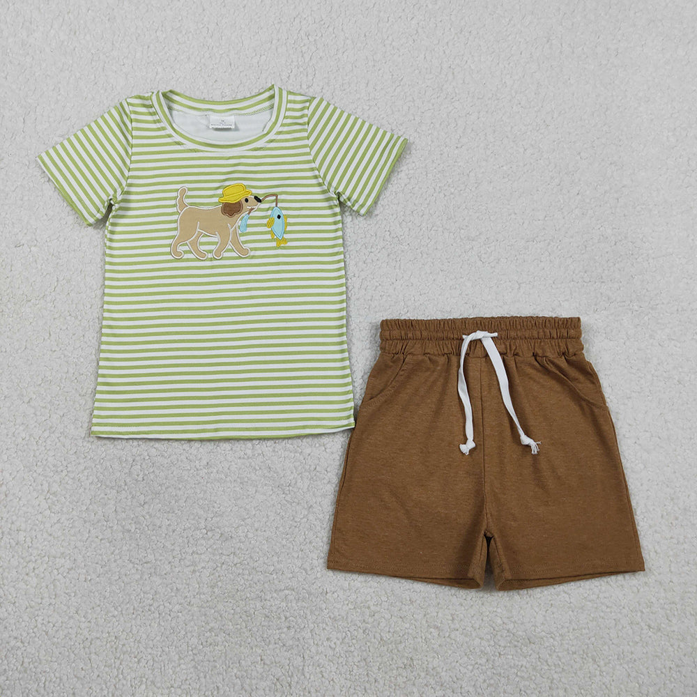 Puppy Fishing Embroidery Green Stripes Boys Summer Matching Clothes Brothers Wear