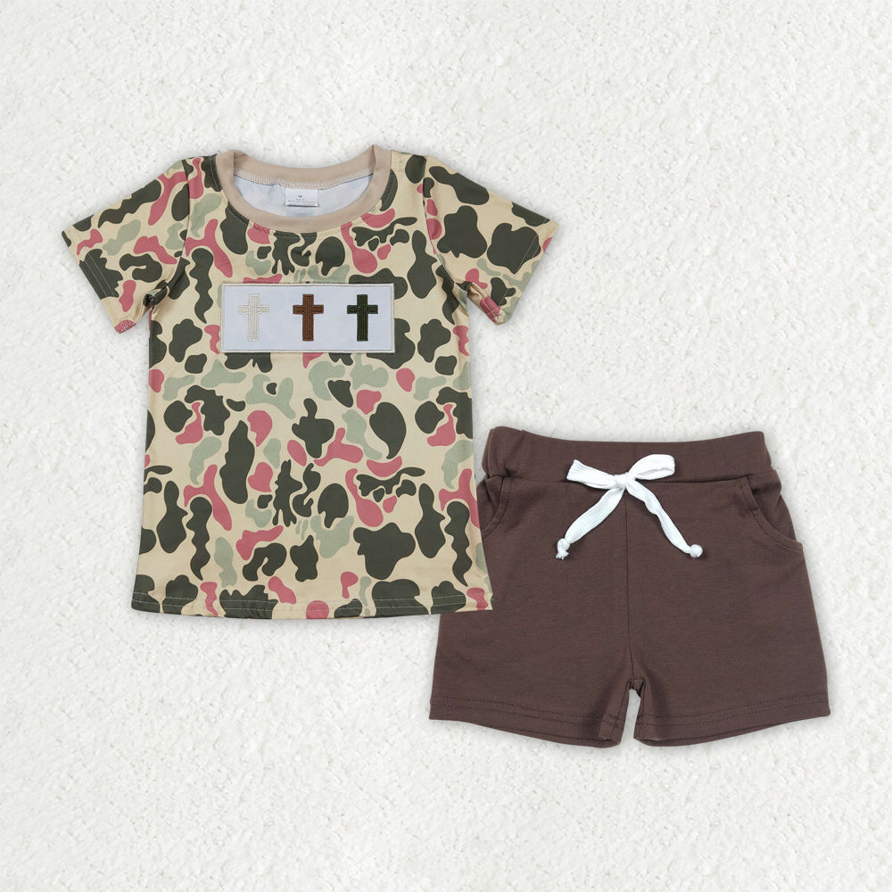 BSSO1780 Cross Embroidery Camo Top Brown Shorts Boys Easter Clothes Set