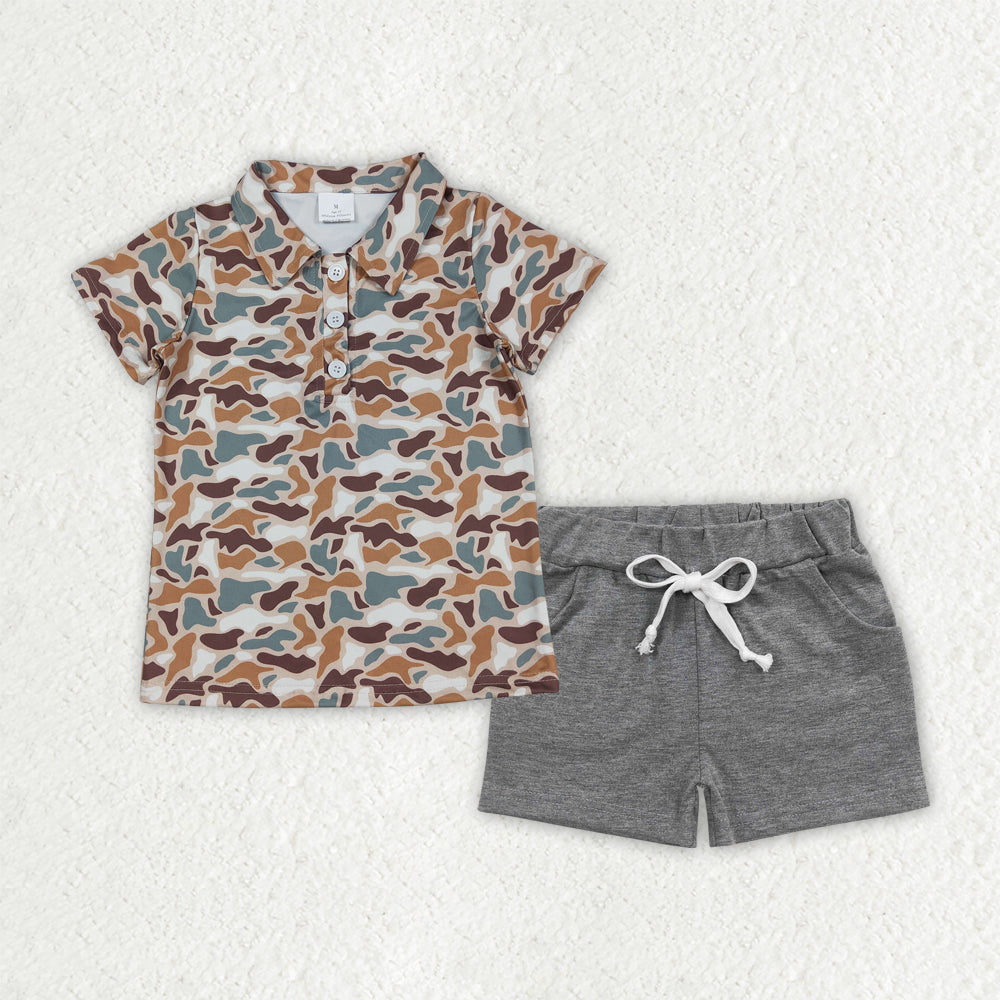 BSSO1782 Brown Camo Top Grey Shorts Boys Summer Clothes Set