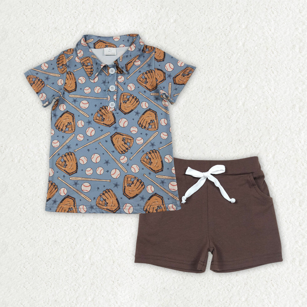 BSSO1806 Baseball Stars Polo Top Brown Shorts Boys Summer Clothes Set