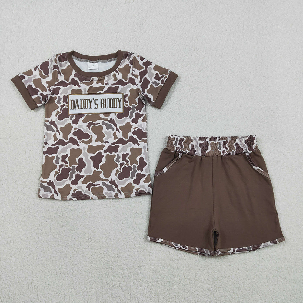 BSSO1832 MAMA'S BUDDY Embroidery Camo Top Brown Shorts Boys Summer Clothes Set