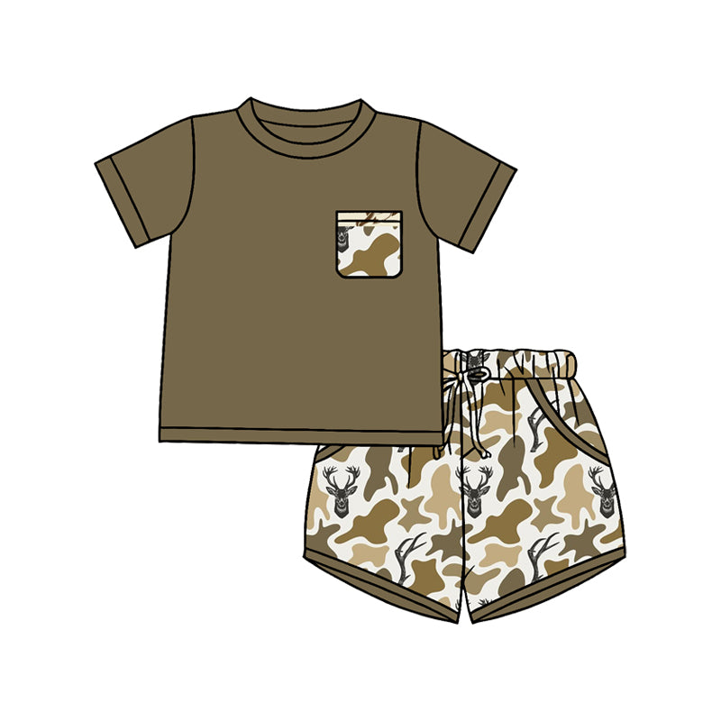 (Pre-order)BSSO1845 Brown Pocket Top Deer Camo Shorts Boys Summer Clothes Set