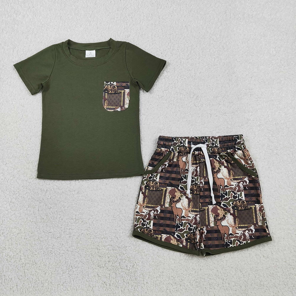 BSSO1848 Green Pocket Top Deer Camo Hunting Shorts Boys Summer Clothes Set