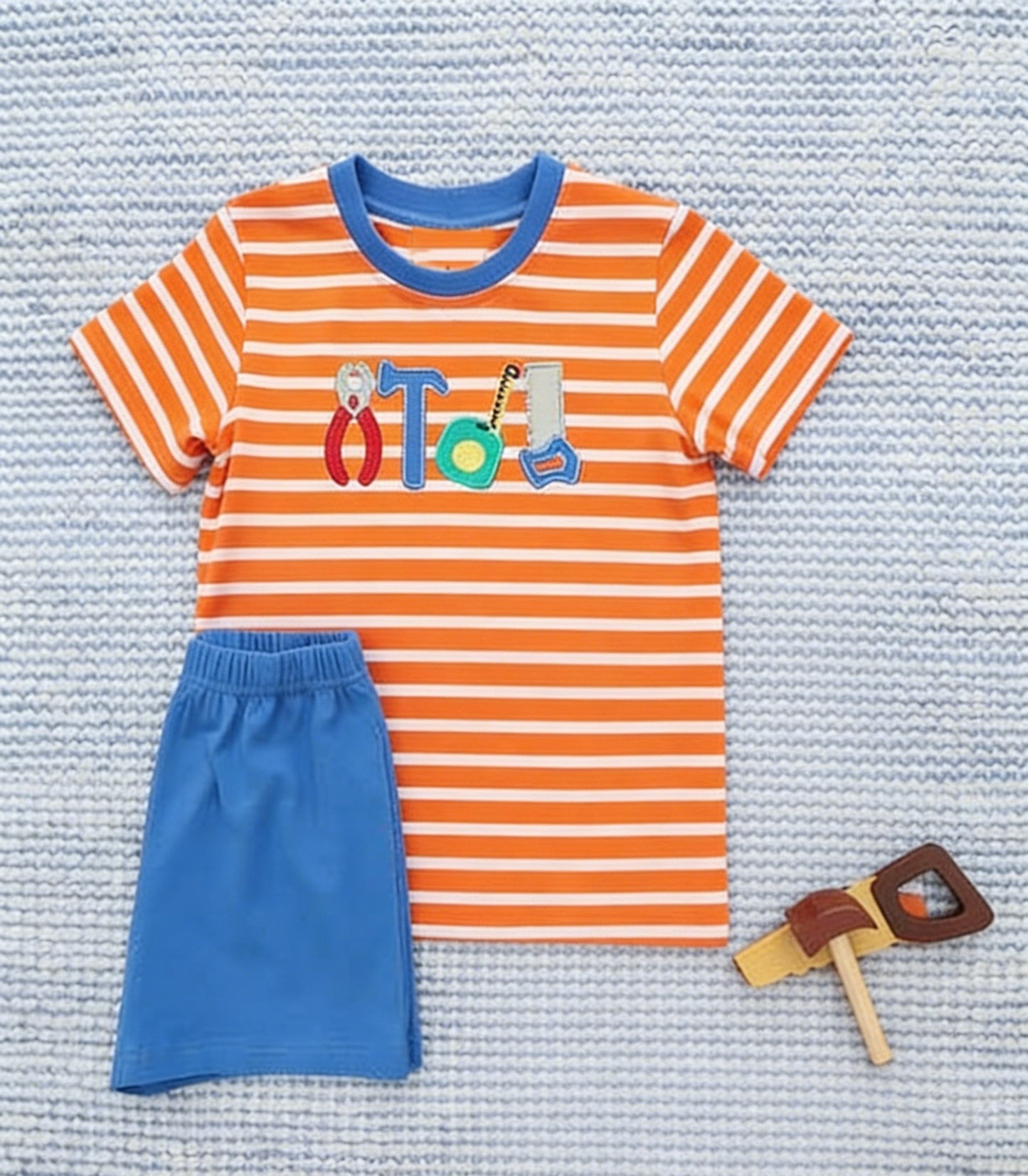 (Pre-order)BSSO1851 Tool Orange Stripes Top Blue Shorts Boys Summer Clothes Set