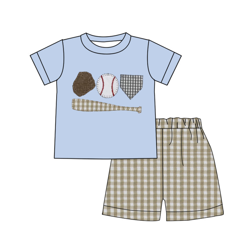 (Pre-order)BSSO1853 Baseball Top Plaid Shorts Boys Summer Clothes Set