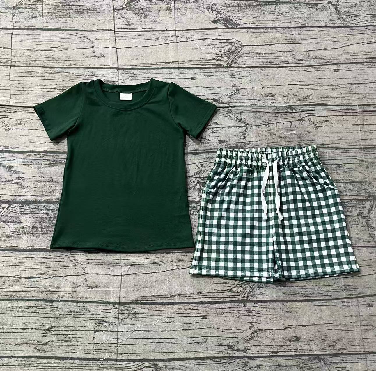 (Pre-order)BSSO1885 Green Top Plaid Shorts Boys Summer Clothes Set