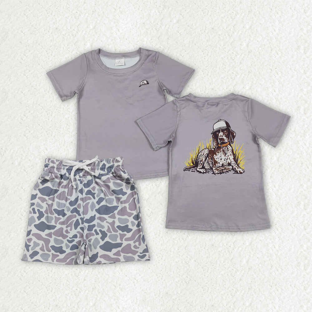 BSSO1900 Dog Top Grey Camo Shorts Boys Summer Clothes Set