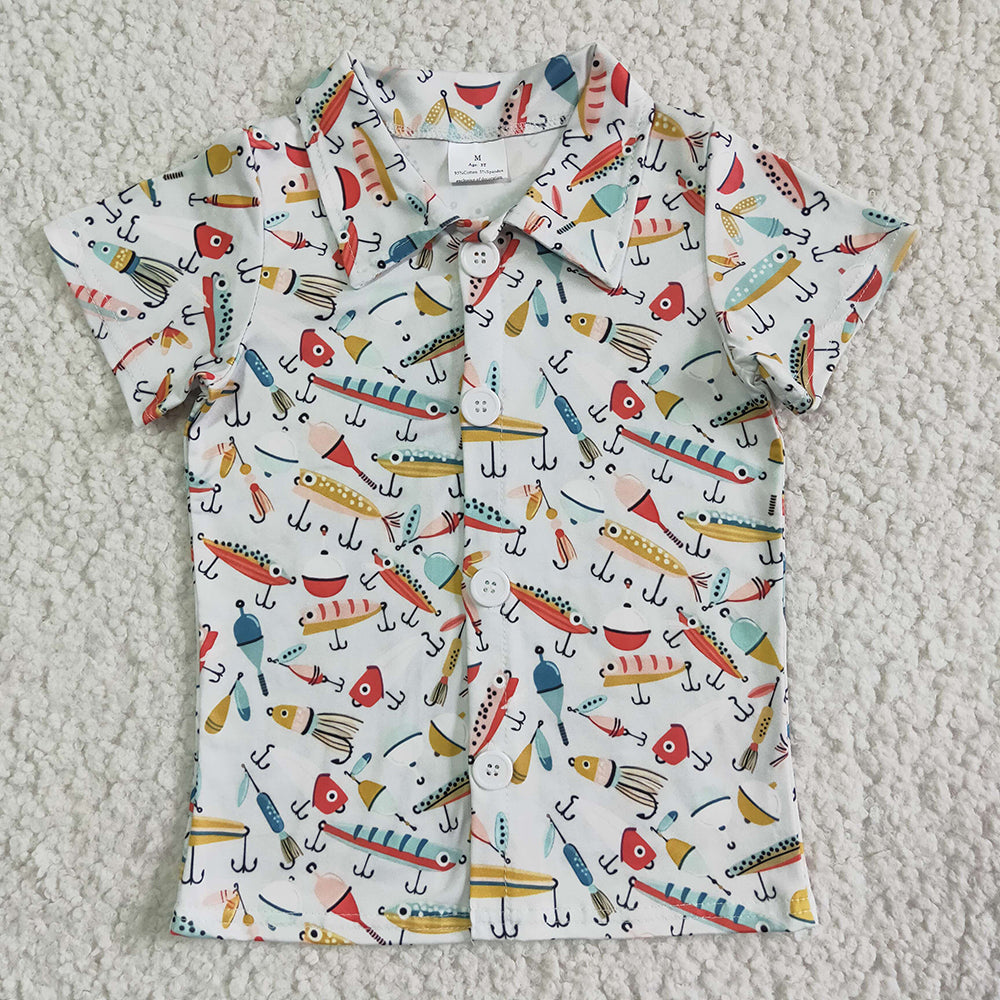 Fishing Print Boys Summer Short Sleeve Tee Shirts Top Brothers Wear