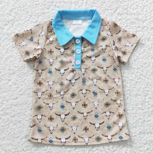 BT0210 Boys cow skull print polo western summer shirts
