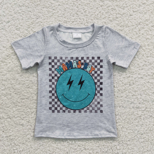 BT0225 Mama's boy gingham blue smiling print boys summer shirts