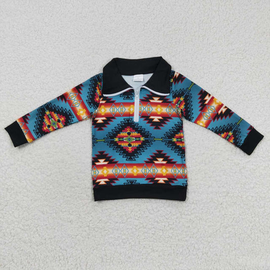 BT0227 Boys long sleeve blue aztec print western pullover top