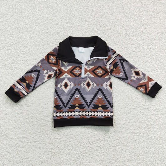 BT0230 Boys long sleeve gray brown aztec print western pullover top