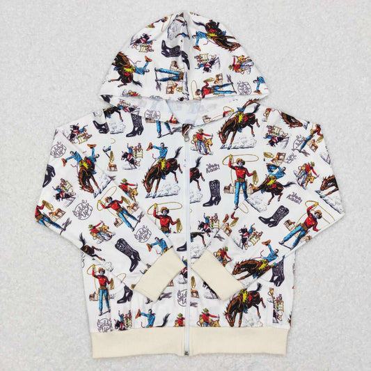 BT0267  White Cowboy Rodeo Print Kids Fall Western Hoodie Zipper Jackets
