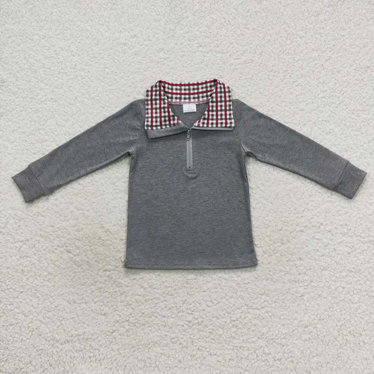 BT0283 Boys grey long sleeve red and green plaid collarband zipper pullover shirts