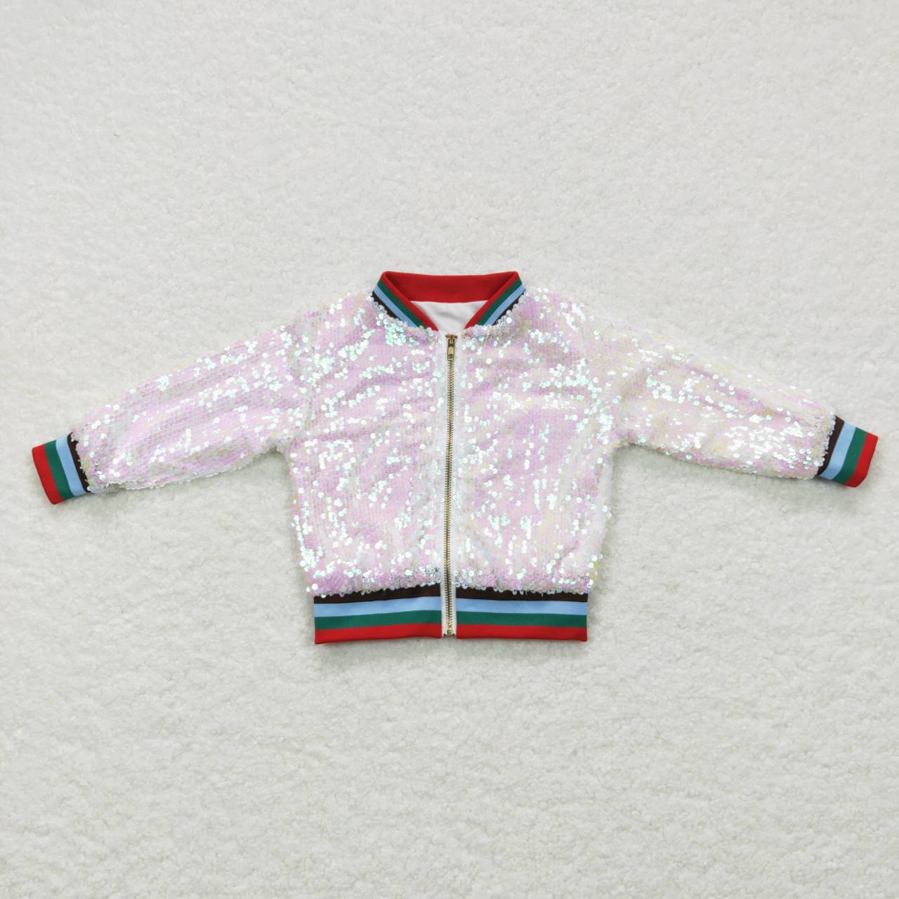 BT0294 Girls Sequin Long Sleeve White Pink Sparkle Fall Jackets