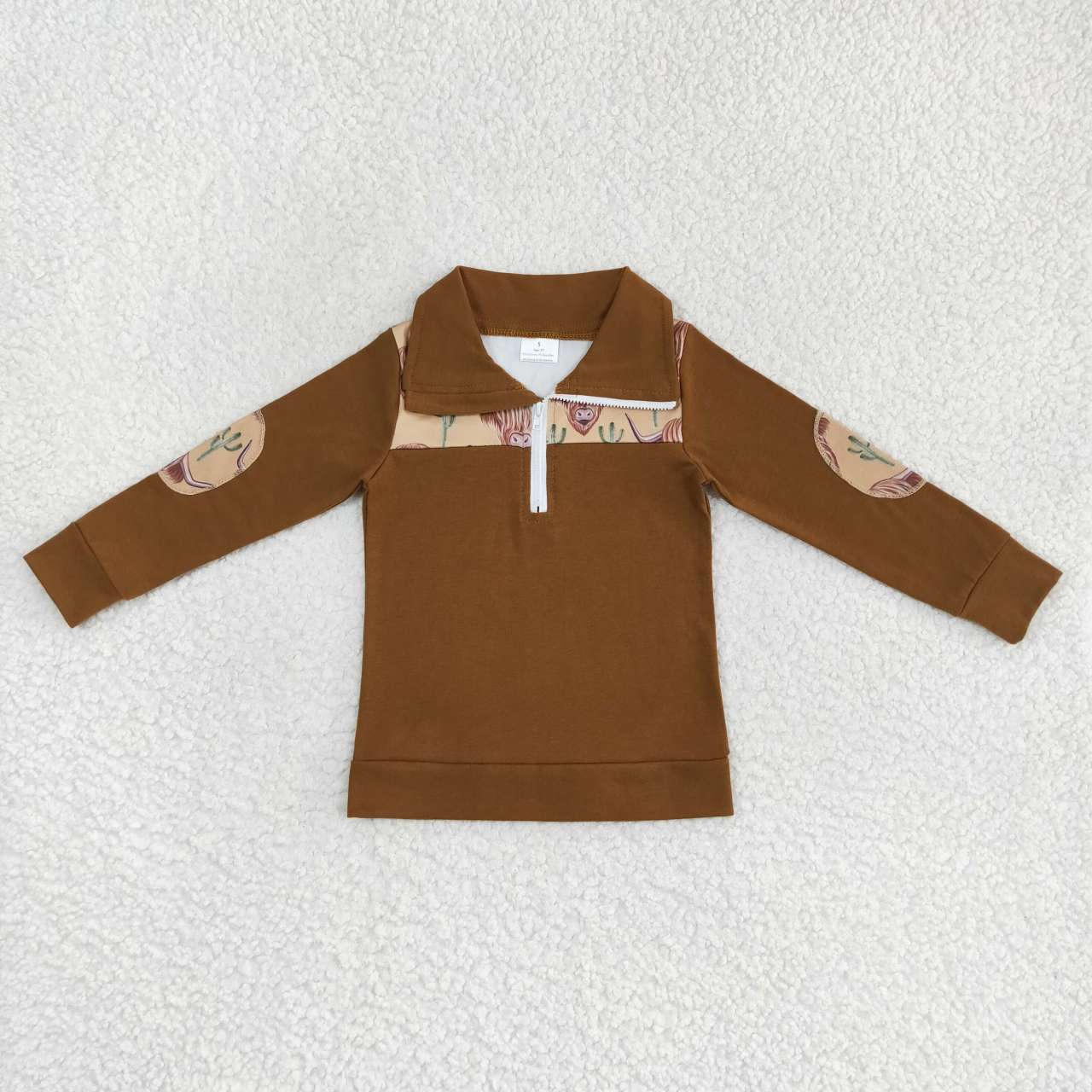 (Promotion)BT0298 Brown highland cow print boys pullover zipper tee shirt top
